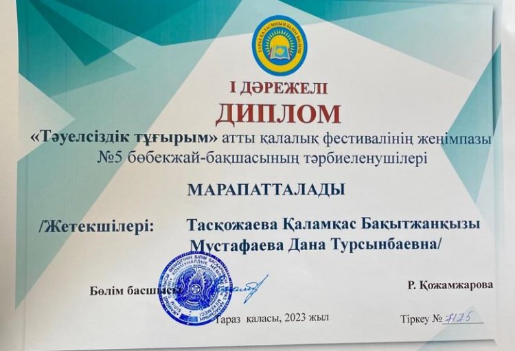 "Тәуелсіздік тұғырым" атты қалалық фестивалінің жеңімпаздары Тасқожаева Қ.Б, Мустафаева Д.Т.