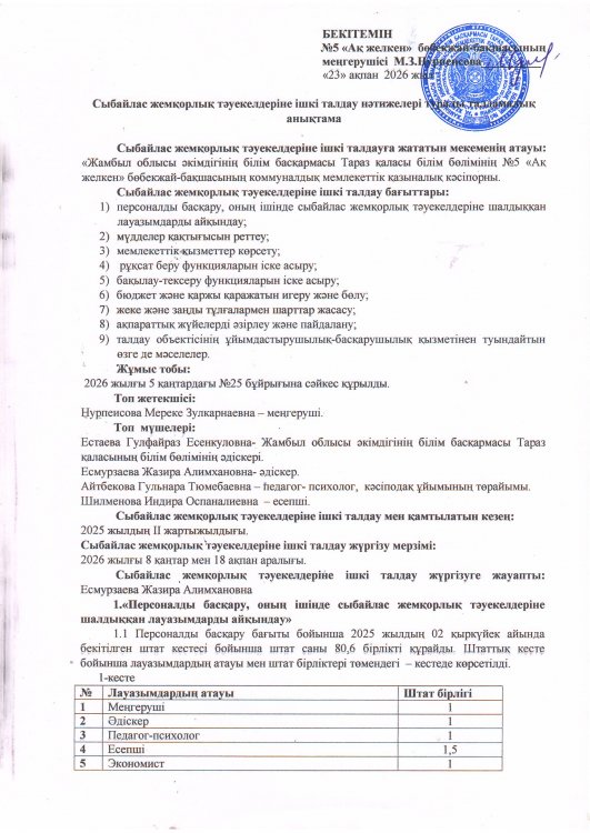 Сыбайлас жемқорлық тәуекелдеріне ішкі талдау нәтижелері туралы талдамалық анықтама